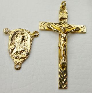 Bishops Vintage 22k Gold fill Catamore Centerpiece Medal & Crucifix Rosary Parts 4