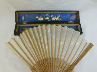 Fine Antique Chinese Silk Fan Embroidered Carved Export Box Painting