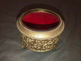 Vintage Gold Glass Brass Jewelry Trinket Box Lidded Top Footed Lined 2 - 3/4” Tall