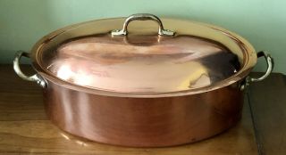 Vintage Heavy Solid Copper Tin - Lined Oval Fish Poacher Pan Riveted Brass Handles