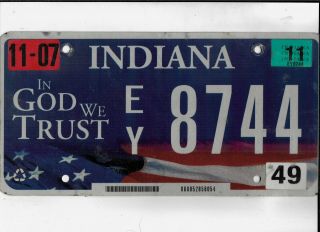 Indiana Passenger 2011 License Plate " Ey 8744 " In God We Trust