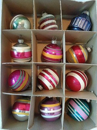 12 Vintage Shiny Brite Glass Ornaments Stripes 1 - 3/4 " Diameter Balls Barrel Iob