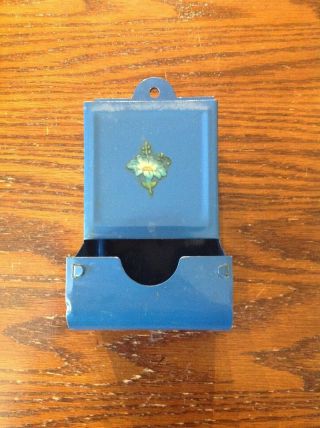Vintage Blue Metal Wall Match Box Holder