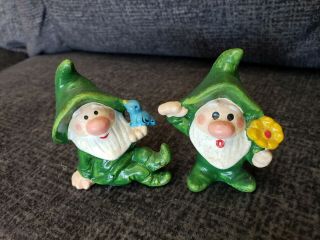 Vintage Small Miniature Napco Green Elf Gnome Fairy Garden Figures W Flower Bird