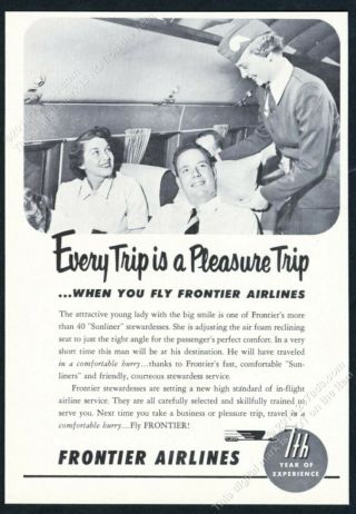 1952 Frontier Airlines Stewardess Photo On Plane Vintage Print Ad