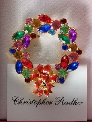 Christmas Radko Bejeweled Wreath Pin Multicolored Stones Signed