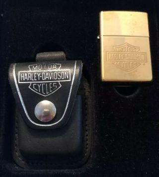 Harley Davidson Brass Zippo Lighter With Black Leather Case Motorcycle
