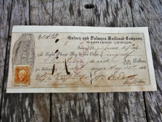 Vintage Qunicy And Palmyra Railroad Company Check Dated 1866 Rare Revenue Stamp