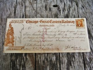 Vintage Chicago And Great Eastern Railway Railroad Co.  Check 1866 Revenue Stamp