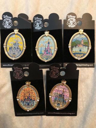 Disney Oval Window Mosaic Stained/glass Castles 5 Pins - Paris,  Tokyo,  & More