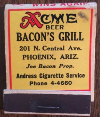 Vintage Advertising Matchbook Acme Beer Los Angeles Bacon’s Grill Phoenix