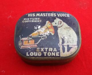 Vintage His Master Voice (hmv) Extra Loud Tone Ad.  Litho Tin Box With Needles