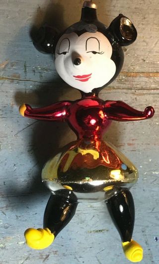 Vintage De Carlini Minnie Mouse Hand Blown Glass Christmas Ornament Italy 6”