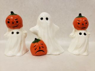 Set Of 3 Vintage Halloween Ghosts With Pumpkins Figurines Bone China Taiwan