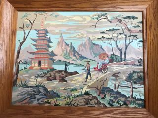 Vintage Paint By Number Asian South Pacific Oriental Rickshaw Framed Wall Art