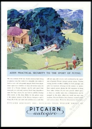 1932 Pitcairn Autogiro Personal Helicopter Plane Color Art Vintage Print Ad 1