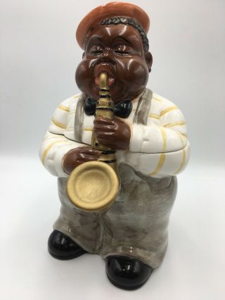 Man W/ Horn Ceramic Cookie Jar By Popular Creations Black Jazz Sax Musician