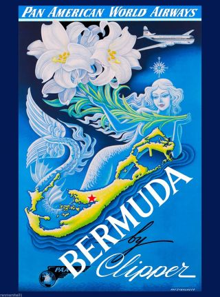 Bermuda Mermaid Caribbean Island Sea Vintage Travel Advertisement Art Poster
