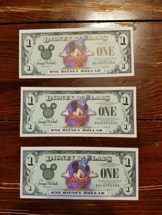 Disney Dollars,  $1,  $5 & $10.  Series 2001.  Set Of 3 Each.