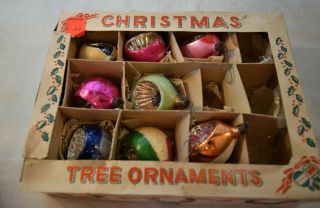Vintage 8 Glass Indent Christmas Tree Ornaments W/original Box,  Made In Poland