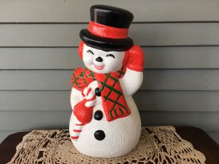 Vintage Ceramic Hand Painted Christmas Snowman Top Hat Scarf Candy Cane 12 " Tall