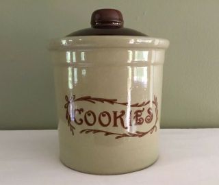 Vintage Monmouth Crock Cookie Jar W/lid,  Beige & Brown,  Double Stamped