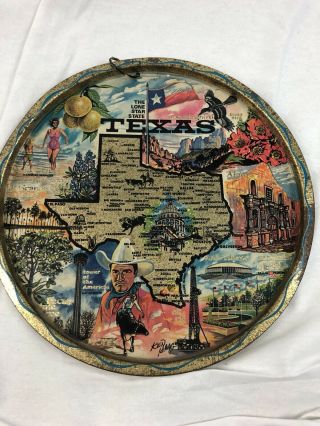 Vintage State Of Texas Souvenir Tray Gold Metal Travel,  Lone Star State