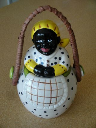Small Black Americana Mammy Aunt Jemima Biscuit Cookie Jar With Wicker Handle
