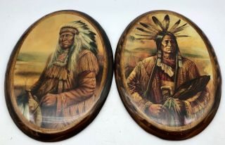 2 Vintage Native American Indian Chief Pictures Epoxy On Wood 11.  25” Art Wall