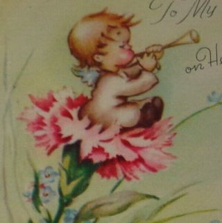 Vintage Greeting Card,  Adorable Angel Blowing Horn,  Ruth Jeaneret 5 "
