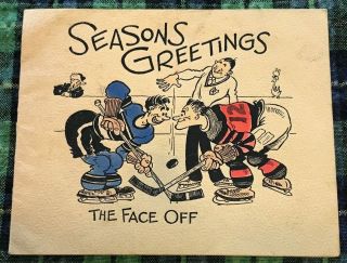 C1940s Vintage Seasons Greetings Hockey Christmas Card By Wm E Coutts Toronto On