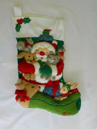 Santa Hugging Animals Finished Handmade Christmas Stocking Felt Dimensional Cat