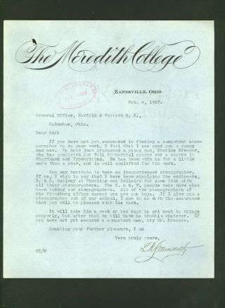 Zanesville Signed 1907 Letter By R.  L.  Meredith,  President Meredith College Ohio