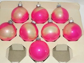 Rare 8 Vtg Christmas Ornament Pink Shiny Brite Multi Glass Balls 3 " X 2 1/4 "