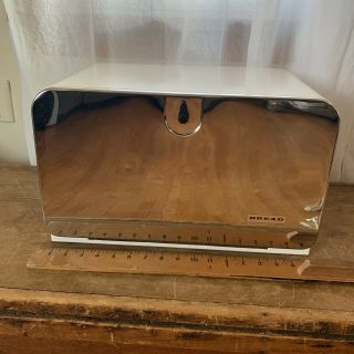 Vintage Bread Box White And Chrome With Metal Shelf And Inner Wood Door