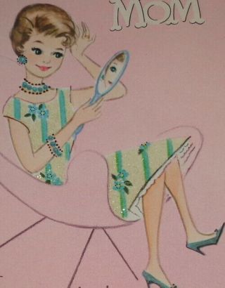 Vintage Greeting Card,  Fun Mod Girl Looking In The Mirror,  6 1/4 "