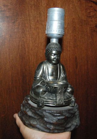 Vintage Buddha Figurine Lamp & Incense Burner Metal Statue On Wood