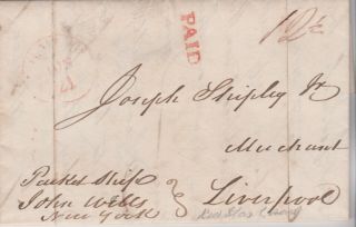 1826 Delaware Usa Transatlantic Ship Letter By Samuel Shipley Sent To Liverpool