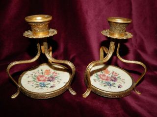 Vintage Art Deco Petit Point Embroidery Brass Candlesticks Shabby Chic