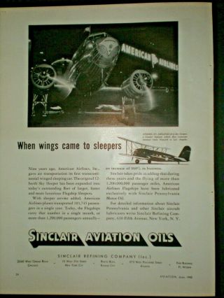 1942 American Airlines Sky Sleepers Vintage Sinclair Aviation Oil Trade Print Ad