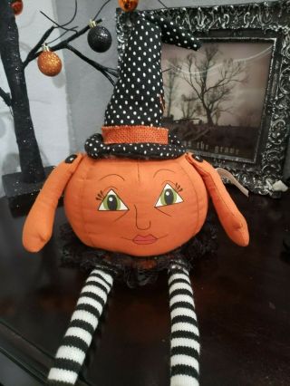 Halloween Primitive Vintage Style Pumpkin Head Doll Shelf Sitter Decor
