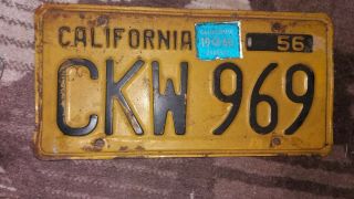 1956 Black On Orange California License Plate With A 1960 Sticker