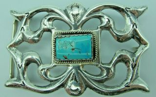 Navajo Sand Cast Sterling Silver Turquoise Belt Buckle Wv