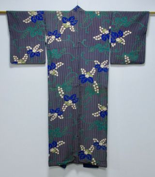 Japanese Silk Antique Kimono / Flower / Stripe / Blue & Purple / Vintage /262