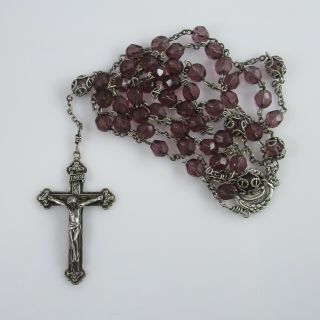 Purple Crystal Beaded Rosary | Vintage Sterling Silver | 23.  6g | 26.  5 "