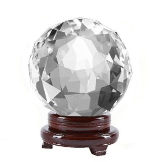 Clear Faceted Crystal Ball 80mm 3 Inch With Wood Stand In Gift Box