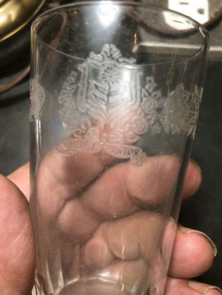 Hotel Astor Juice Glass Etched Floral Design.  4” Tall Circa