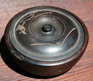 Japanese Old Miyajima Ware Round Box Lidded Wood Bowl 5.  5 " With Label