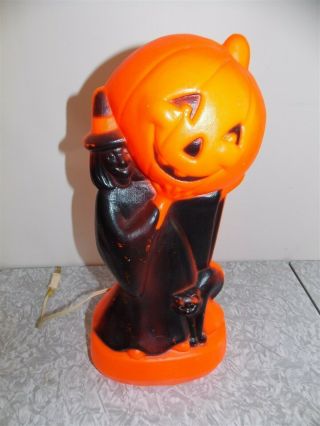 Vtg Witch Holding Pumpkin Jol Black Cat Blow Mold Light Halloween Decoration 14 "