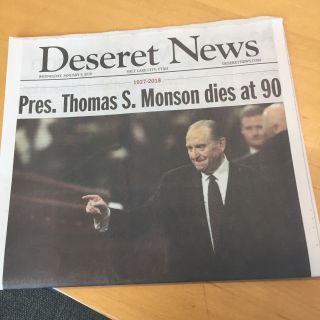 1/3/18 Pres.  Monson Salt Lake City,  Ut.  Newspaper,  " Deseret News "